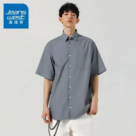 N5真维斯男士短袖衬衫2025夏季新款时尚百搭纯色衬衣男装宽松上衣图片