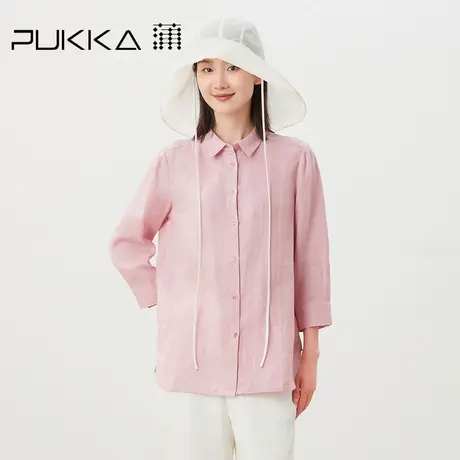 蒲PUKKA 亚麻衬衫女2023春夏新品绣花文艺翻领七分袖衬衣图片