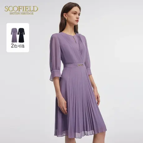 Scofield女装知性圆领收腰连衣裙A字职场进阶雪纺裙夏季裙子图片