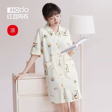 红豆睡裙女凉感短袖衬衫领印花夏季家居服甜美宽松可外穿棉质睡衣图片