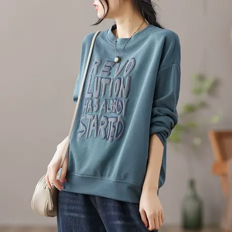 dza 复古圆领套头短款卫衣女士2023新款春秋宽松长袖休闲薄款上衣图片