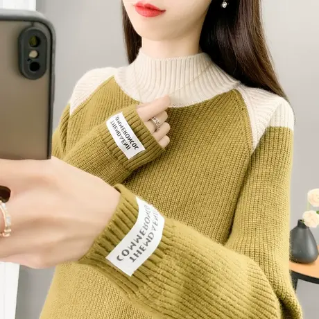 冬季2023年新款拼色半高领加厚毛衣秋冬爆款针织打底衫小众设计感商品大图