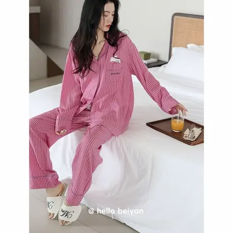 贝妍新款睡衣女春秋季长袖条纹柔软棉家居服甜美少女可爱兔子套装商品大图