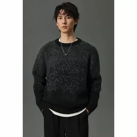 w2x2024冬季新款渐变风格长毛加厚圆领毛衣高级感痞帅羊毛针织衫图片