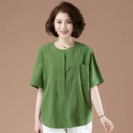 中年妈妈衬衫女短袖夏季加肥加大码女装小衫上衣纯棉宽松遮肚衬衣商品大图
