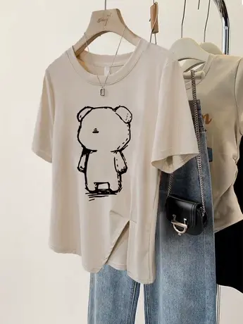 夏慵懒风chic港风复古不规则上衣ins潮百搭开叉下摆闺蜜装T恤短袖商品大图