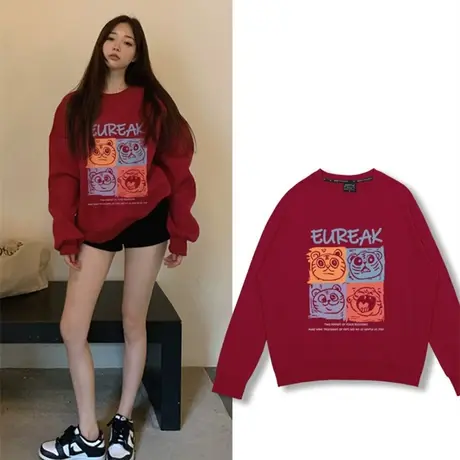 新年红色圆领卫衣女全家福oversize宽松2022年拜年服全家胖mm女装商品大图