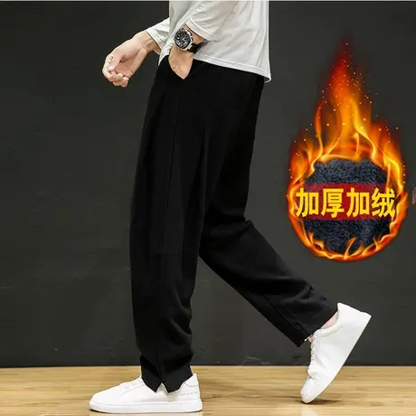 加绒加厚冬季男休闲裤加肥加大码宽松哈伦裤棉麻长裤保暖亚麻裤子商品大图