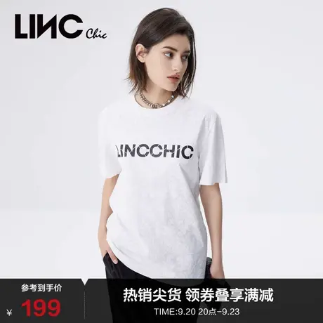 LINCCHIC金羽杰T恤女简约LOGO印花圆领休闲短袖女T恤夏S222TS360图片