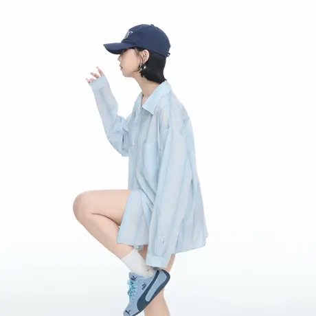 美式条纹蓝色长袖衬衫女春秋新款宽松防晒衬衣情侣款外套休闲上衣图片