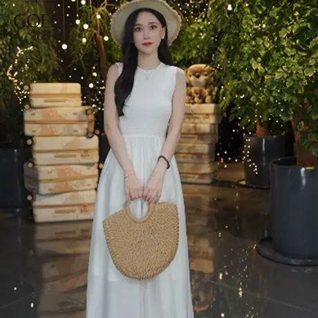 歌莉娅新品纽花拼接无袖连衣裙（配送发圈）1ENL4K510图片