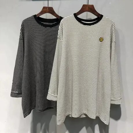 刺绣笑脸长袖T恤女2025春秋季新款韩版宽松打底衫内搭条纹上衣服图片