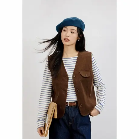 弥古咖色灯芯绒美拉德马甲外套女春秋小个子背心宽松无袖马夹上衣商品大图