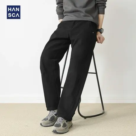 hansca黑色直筒休闲裤男秋季新款宽松纯棉斜纹压褶复古工装风长裤商品大图