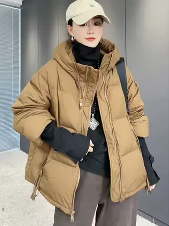 2023新款纯色双拉链羽绒服女百塔显瘦冬季白鸭绒连帽短款宽松简约图片