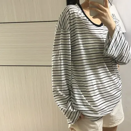 条纹U领长袖T恤女2025春秋季新款韩版宽松打底衫内搭可外穿上衣潮图片