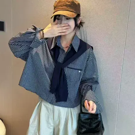 拉夏贝尔2025秋季新款格子衬衫女披肩小个子衬衫外套减龄时尚上衣图片