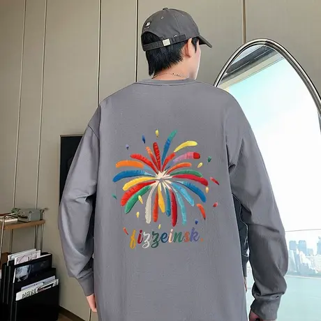 长袖T恤男春秋季2025新款美式印花休闲圆领上衣大码宽松潮牌打底商品大图