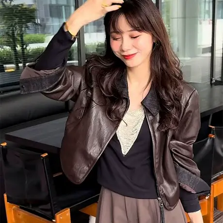 拼色翻领酷飒风皮衣女2025秋季新款韩版休闲皮夹克短款上衣小外套商品大图
