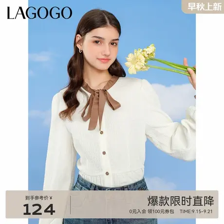 LAGOGO气质撞色蝴蝶结系带小众上衣女拉谷谷春秋新品休闲衬衫商品大图