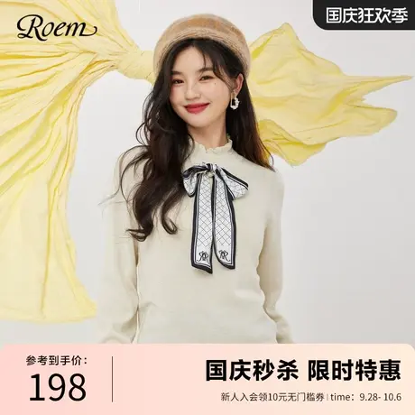 Roem春秋商场同款甜美木耳边半高领蝴蝶结百搭时尚长袖针织衫女图片