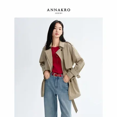 玖姿安娜蔻百搭干练通勤风中长款翻领落肩收腰风衣女2026春季新款图片