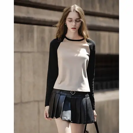 唐狮秋冬打底衫女圆领插肩撞色拼接收腰设计显瘦正肩上衣好看tuTA图片