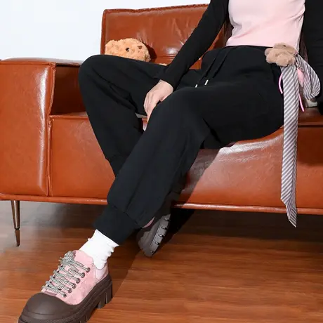 唐狮黑色加绒裤子女冬季2026新款女款加厚羊羔绒保暖直筒束脚裤VB图片