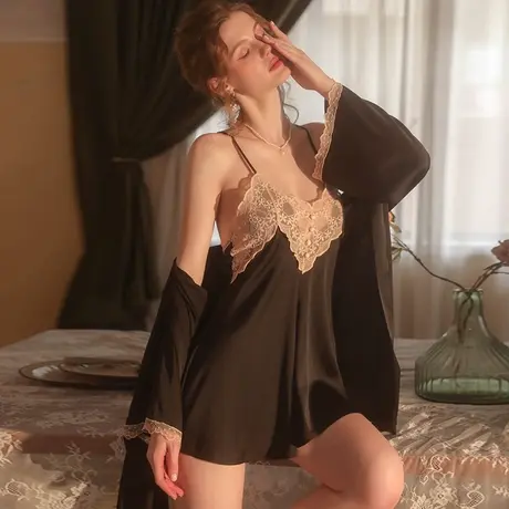 法式性感露背睡衣宽松舒适吊带睡裙系带开衫女家居服套装秋冬季图片