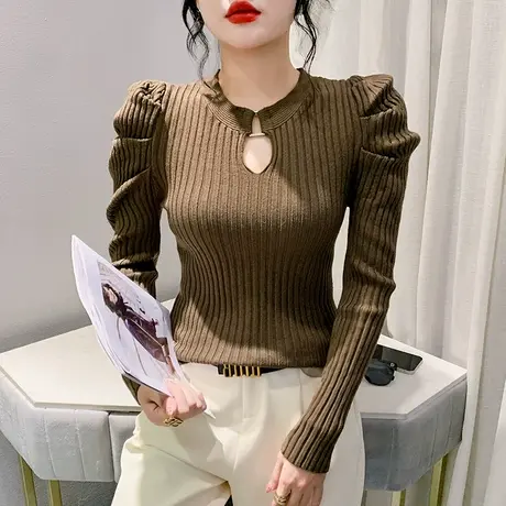 性感镂空圆领针织衫女长袖时尚泡泡袖修身上衣洋气内搭套头打底衫商品大图