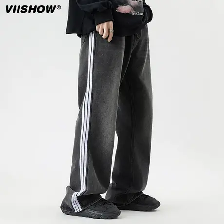 VIISHOW美式复古水洗做旧宽松直筒牛仔裤男三条杠条纹垂感拖地裤商品大图