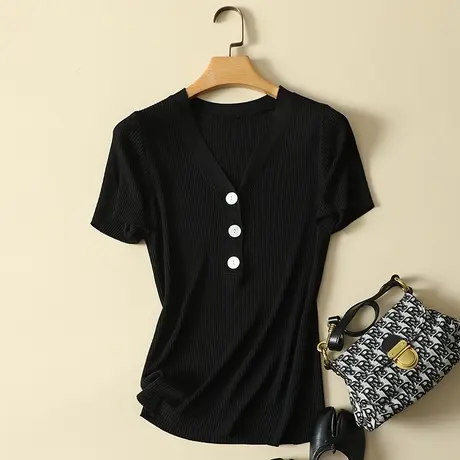 冰丝针织短袖t恤女夏季2023新款韩版薄款v领显瘦百搭打底网红上衣图片