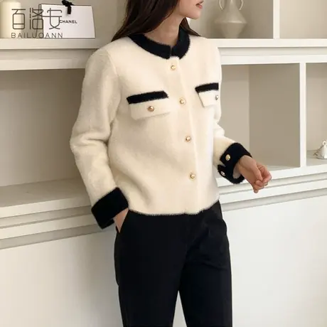 百洛安名媛小香风毛衣外套女冬新款黑白撞色外搭保暖针织开衫加厚商品大图