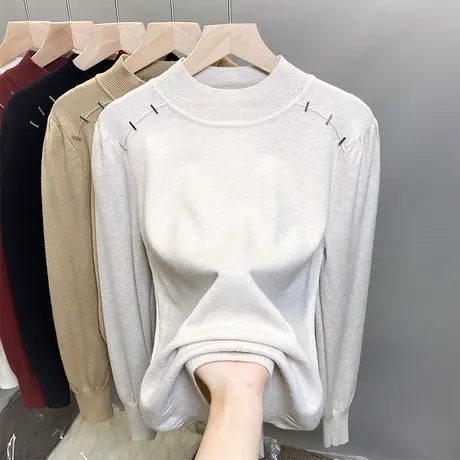 半高领毛衣女打底衫2023秋冬新款套头泡泡袖针织衫内搭洋气上衣潮商品大图