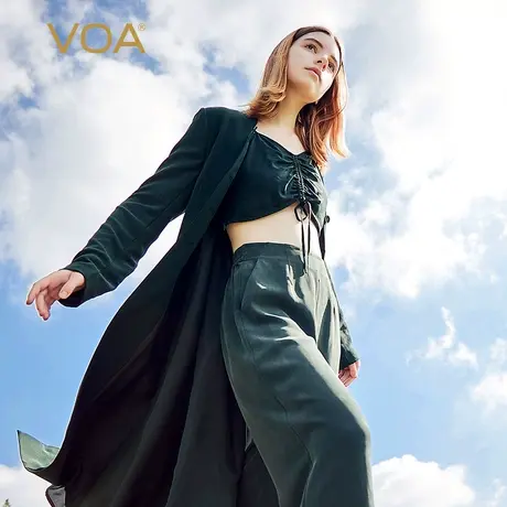VOA重磅真丝40姆米绿剪刀半高领木耳花盖袋设计加厚长袖风衣外套图片