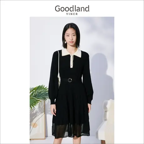 Goodland美地女装冬季长袖亮丝毛衣拼接网纱连衣裙图片
