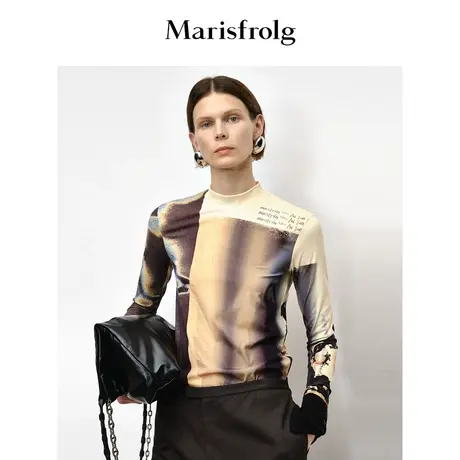 【商场同款】玛丝菲尔秋季新款半高领时尚印花T恤打底衫女商品大图