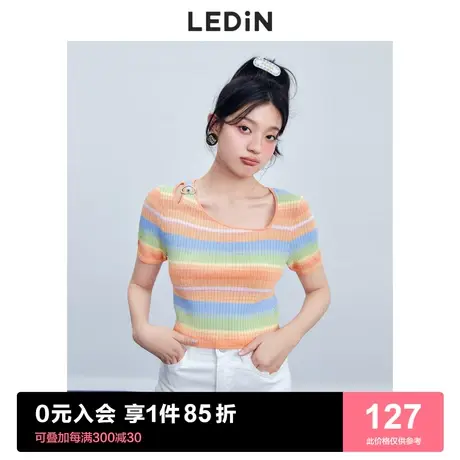 乐町条纹上衣女俏皮可爱彩虹2023春季新款修身冰丝短袖针织衫图片