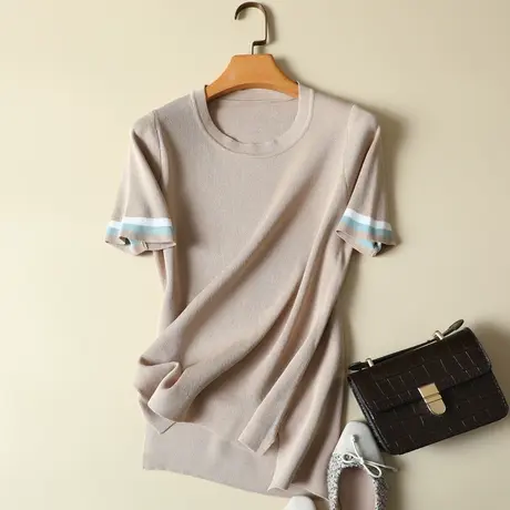 冰丝针织衫女短袖薄款女装2024新款潮夏季韩版ins潮白色T恤女上衣商品大图