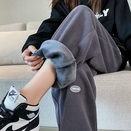 加绒运动裤女春秋宽松束脚2024新款加厚卫裤直筒灰色休闲阔腿裤子图片