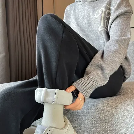 灰色加绒直筒卫裤女冬季加绒加厚宽松显瘦小个子九分哈伦运动裤子商品大图