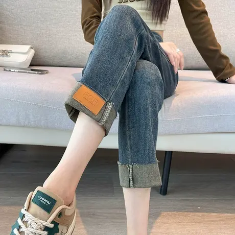 九分挽边直筒牛仔裤女2024年春秋新款高腰显瘦直筒拼色弹力烟管裤商品大图