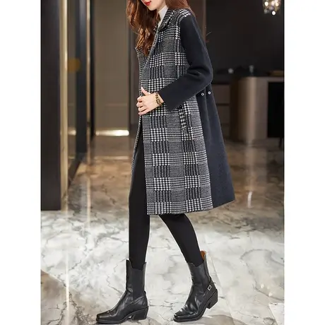 宝诗黎一粒扣格子拼接长款过膝外套女2023秋冬季新款宽松韩系大衣商品大图