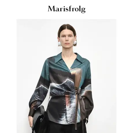 【商场同款】玛丝菲尔2023年秋季新款交叠式时尚定位印花长袖衬衫商品大图