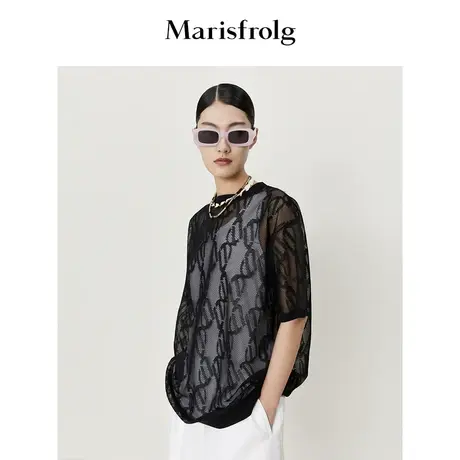 【商场同款】玛丝菲尔2023年夏季新款黑色时尚镂空提花针织上衣女商品大图