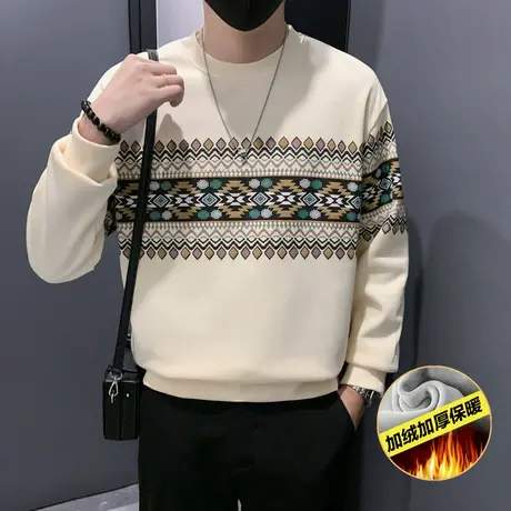 高级感潮牌民族风印花卫衣男秋冬新款ins轻熟内搭长袖加绒T恤上衣商品大图