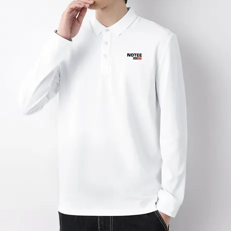 珠地棉polo衫男长袖带领翻领t恤有领打底衫潮流字母印花白色秋衣图片