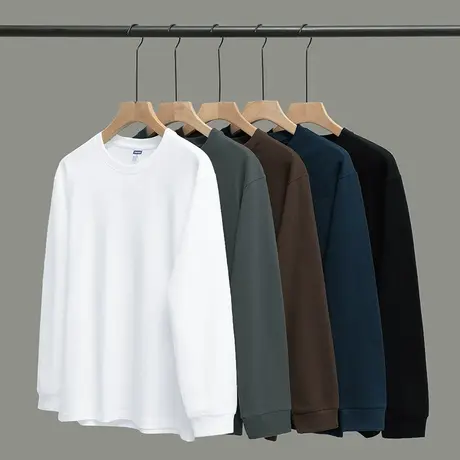 260g美式重磅纯棉长袖t恤男宽松内搭打底衫全棉纯色白色秋衣小衫图片