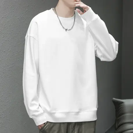 350g重磅卫衣男春秋季纯色白色无帽上衣宽松圆领长袖t恤潮流百搭商品大图