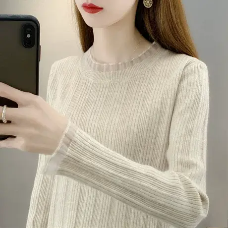 2023年秋冬新款蕾丝圆领软糯毛衣打底衫女套头百搭上衣修身针织衫商品大图